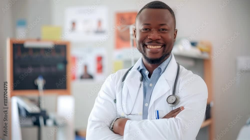 A smiling African American doctor stands confidently with arms crossed in a medical office. A smiling African American doctor stands confidently with arms crossed in a medical office.