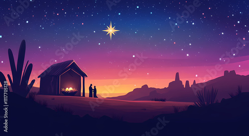 Guiding Light: A serene depiction of the nativity scene under a vibrant night sky, the silhouette of the holy family stands before the humble stable, and the North Star shines brightly