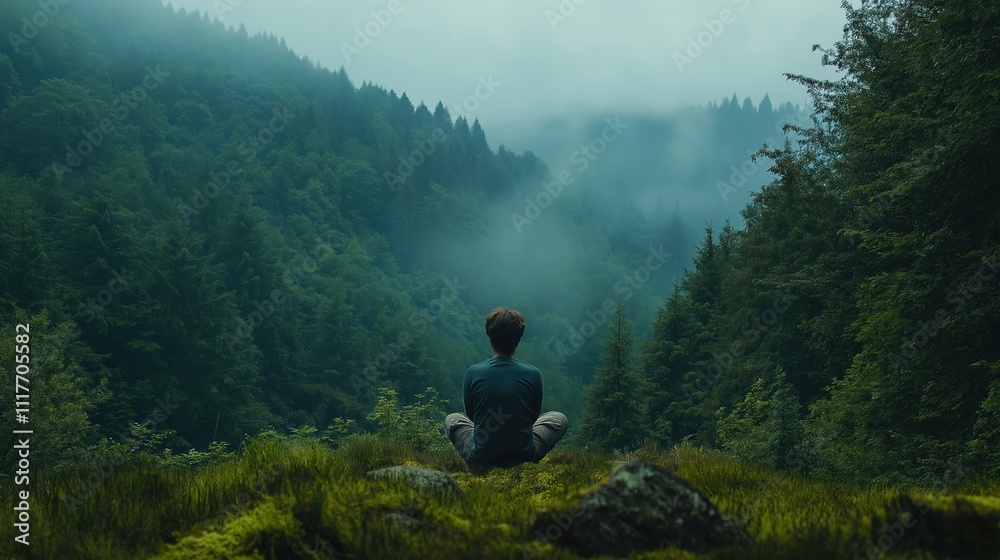 Tranquil outdoor meditation in a misty forest landscape at dawn or dusk Tranquil outdoor meditation in a misty forest landscape at dawn or dusk
