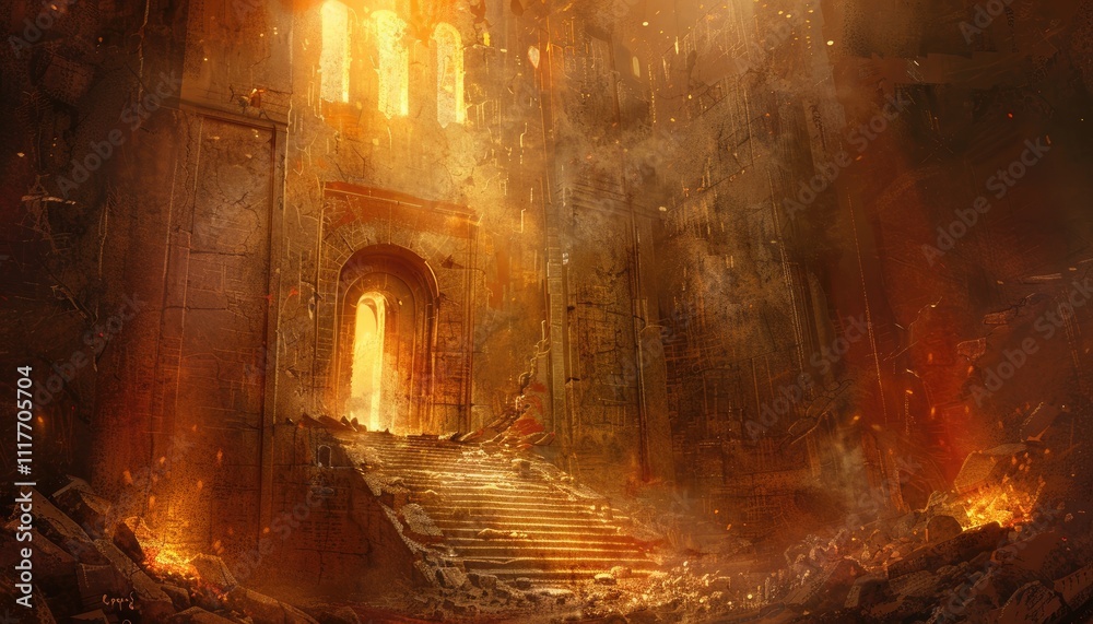 Golden Staircase Leading To A Ruined Ancient Temple