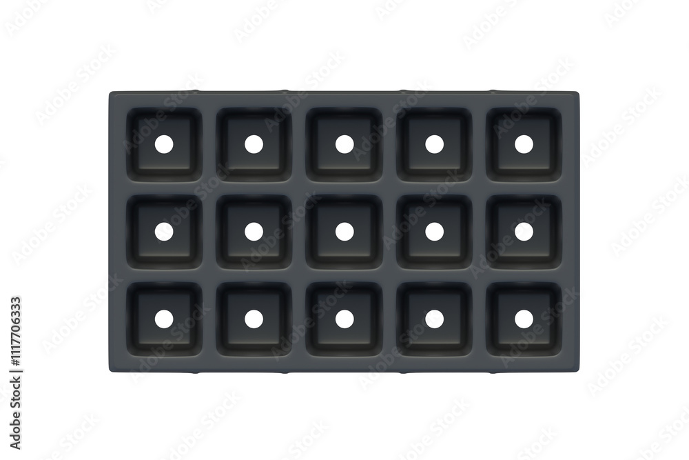 Plastic container for seedlings isolated on white background. Cassette for plants sprouting. Equipment for greenhouse. Agricultural tool. Top view. 3d render Plastic container for seedlings isolated on white background. Cassette for plants sprouting. Equipment for greenhouse. Agricultural tool. Top view. 3d render