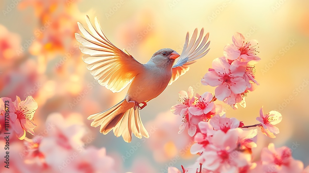 A bird in flight amidst blossoming pink flowers, bathed in warm sunlight. A bird in flight amidst blossoming pink flowers, bathed in warm sunlight.