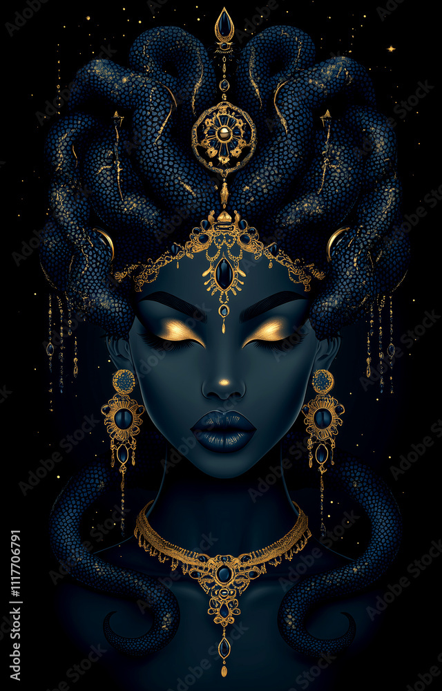 A woman with a snake headdress and gold jewelry. The woman is wearing a necklace and earrings A woman with a snake headdress and gold jewelry. The woman is wearing a necklace and earrings
