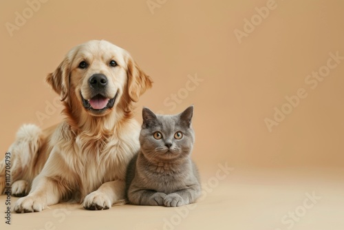 A cheerful golden retriever puppy and a British Shorthair cat sitting side by side on a pastel beige background with copy space.