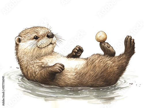A playful otter floating on its back, balancing a stone on its belly.