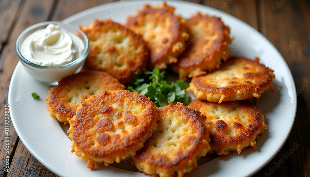 Delicious homemade potato pancakes served with sour cream on a rustic plate Delicious homemade potato pancakes served with sour cream on a rustic plate