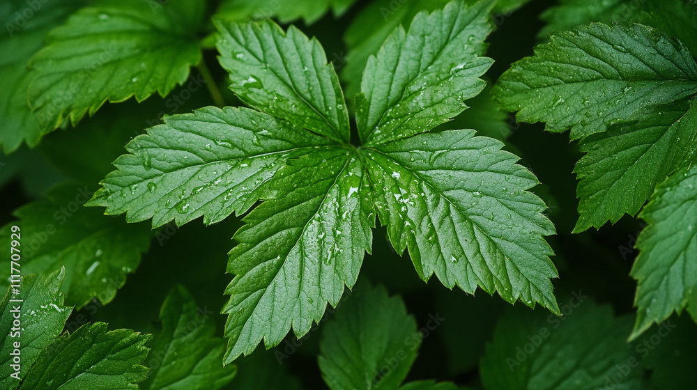 Close-up view of fresh green leaves with water droplets after a rain shower Close-up view of fresh green leaves with water droplets after a rain shower
