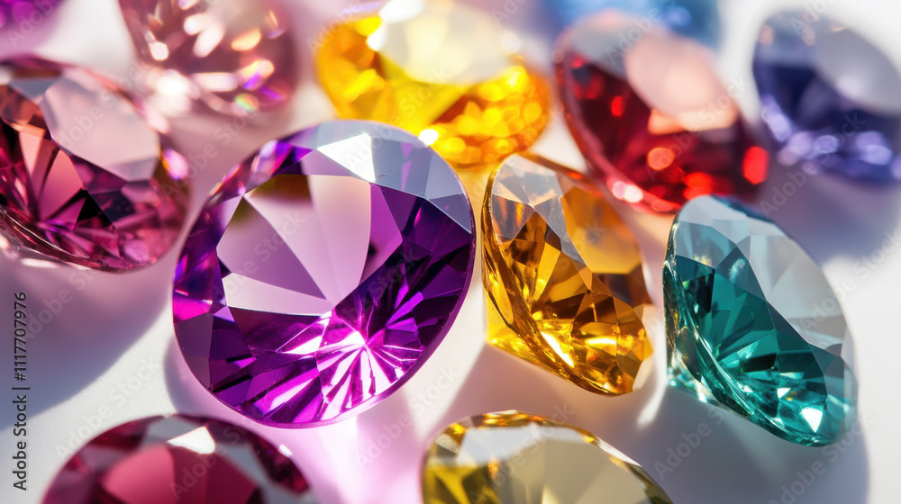 Vibrant gemstones in various colors sparkle with brilliance in a close-up shot, showcasing their exquisite cuts and radiant hues against a soft, light background. Vibrant gemstones in various colors sparkle with brilliance in a close-up shot, showcasing their exquisite cuts and radiant hues against a soft, light background.
