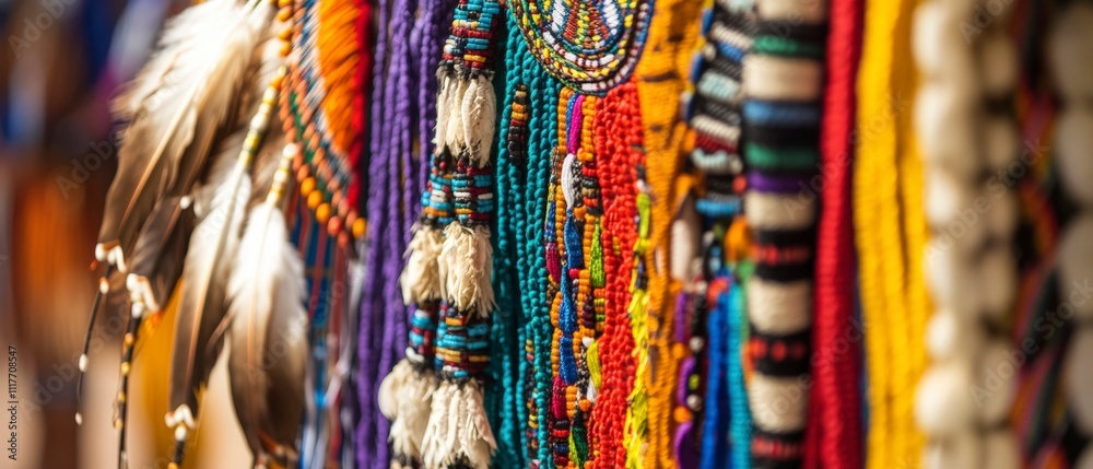 Naklejka premium Native American craftwork featuring colorful beaded necklaces, white feathers, and intricate woven patterns arranged in vertical stripes. Generative AI