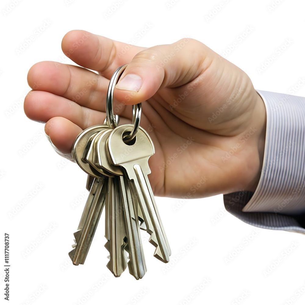 Mano sosteniendo las llaves de la casa, aisladas sobre fondo transparente Mano sosteniendo las llaves de la casa, aisladas sobre fondo transparente