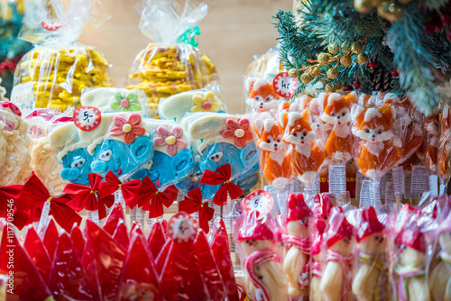 Colorful candy display with festive themes photo