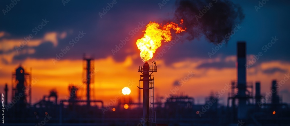 Silhouetted refinery with a flaring torch at sunset. Silhouetted refinery with a flaring torch at sunset.