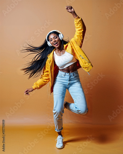 A lively black woman with flowing hair, wearing white wireless headphones, a yellow jacket, and light blue jeans, dances energetically against a bold orange background with a cheerful expression.