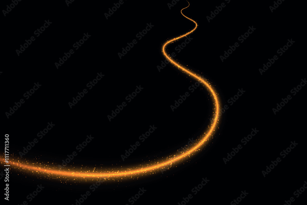 A shimmering golden light trail with sparkling particles, set against a dark black background A shimmering golden light trail with sparkling particles, set against a dark black background