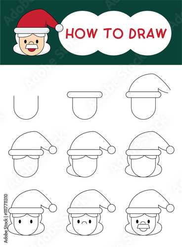 How to draw Santa Claus face cartoon step by step for learning, kid, education and coloring book.