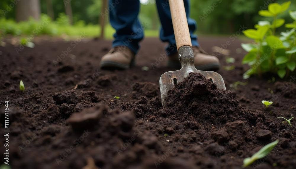 Gardener using a spade in rich soil, showcasing soil preparation process, ideal for gardening and landscaping Gardener using a spade in rich soil, showcasing soil preparation process, ideal for gardening and landscaping