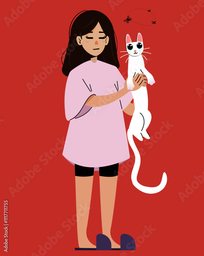 Sleepy girl in pink t-shirt  holding a white cat who fly hunting. Flat vector illustration.