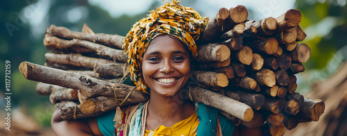 Harvesting Resources: A woman carries a bundle of firewood, representing labor, nature, and resourcefulness in a vibrant, sun-drenched outdoor setting, portraying resilience and cultural identity.