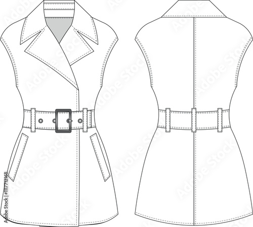 sleeveless collared belted long pea vest waistcoat template technical drawing flat sketch cad mockup fashion woman design style model 
