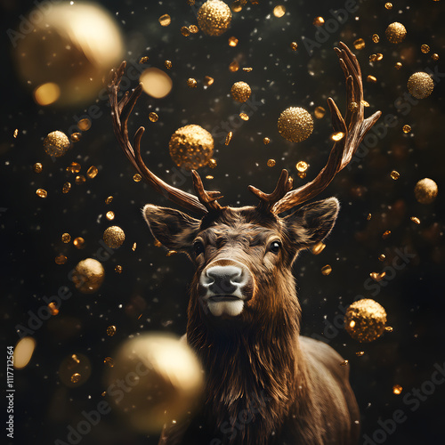 Reindeer surrounded by Christmas decorations. Happy New Year.
