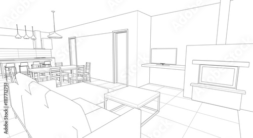 interior kitchen living room 3d illustration	
