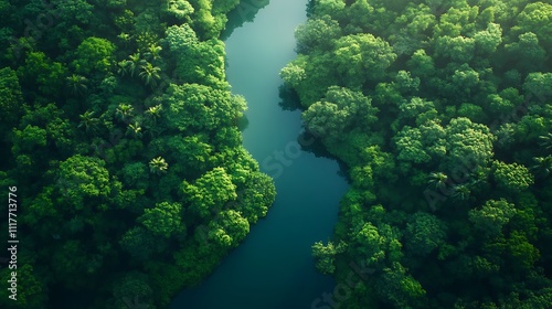 Aerial view of a lush green forest surrounding a winding river.