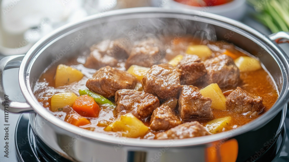 Steaming beef stew simmering in pot with potatoes and carrots Steaming beef stew simmering in pot with potatoes and carrots