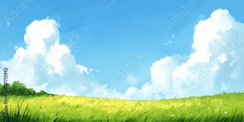 Lush Green Field Under Bright Blue Sky with Fluffy Clouds