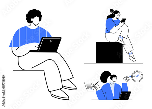 Three people using electronic devices one with a laptop, another with a tablet, and a third holding a document while pointing at a clock. Ideal for remote work, education, technology, teamwork