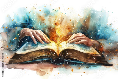 ​World Braille Day. A glowing open book with hands resting on its pages, surrounded by abstract watercolor splashes and magical golden sparkles.