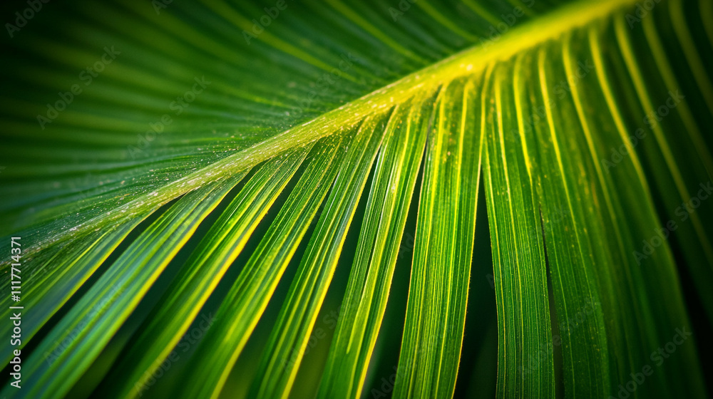 Obraz premium Detailed close-up of a vibrant green palm leaf under natural sunlight