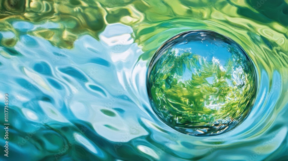 A painting of a water droplet with a tree in the background