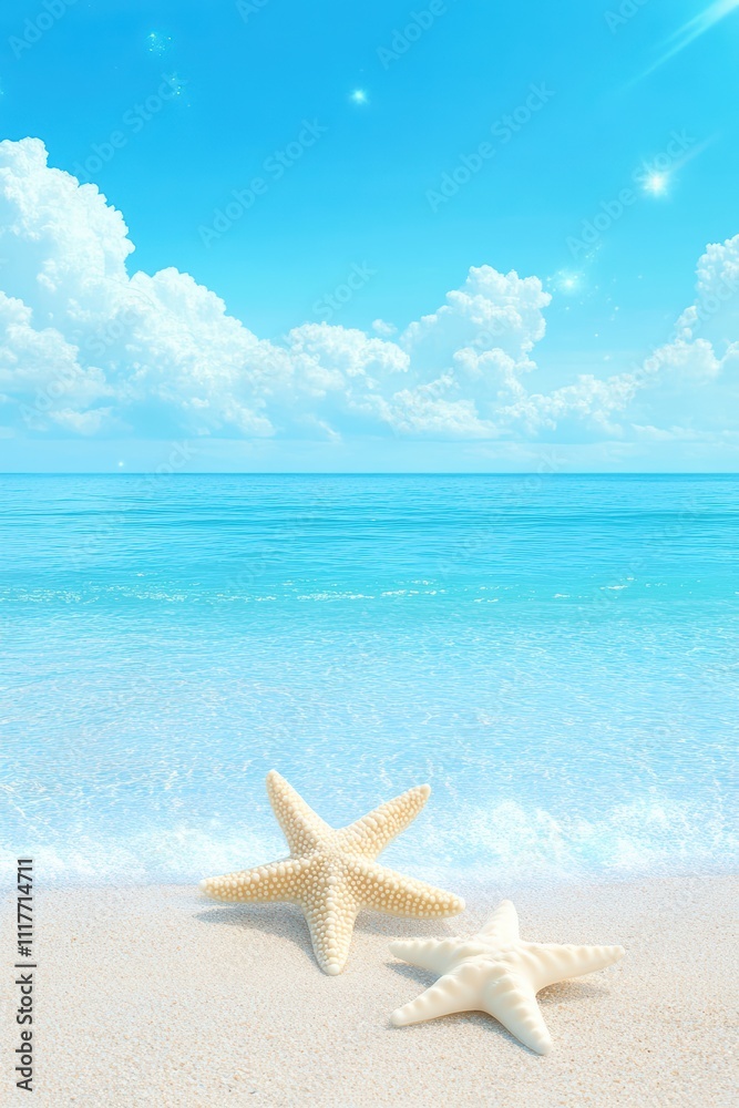 Tranquil Beach Scene with Starfish and Clear Blue Sky Tranquil Beach Scene with Starfish and Clear Blue Sky