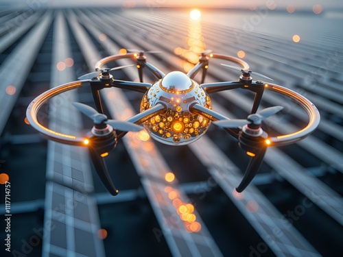 Illuminated drone navigating solar panels at sunset  a glimpse into future energy solutions, digital art of futuristic technology concept.