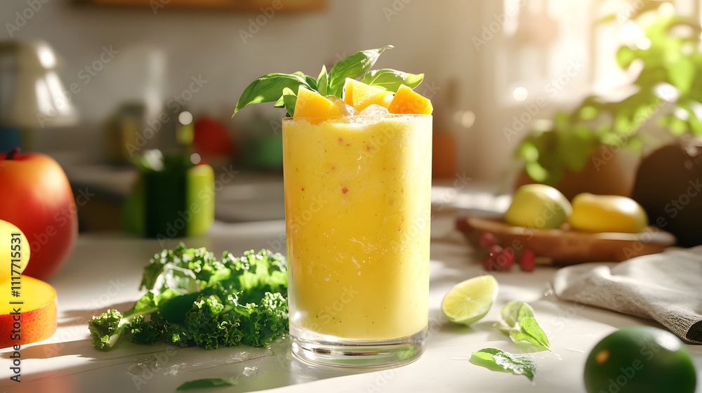 Delicious and Nutritious Basil and Kale Smoothie with Fresh Fruits and Herbs for a Refreshing Drink Delicious and Nutritious Basil and Kale Smoothie with Fresh Fruits and Herbs for a Refreshing Drink