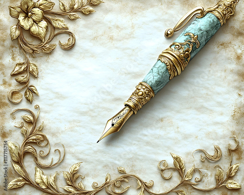 Antique gold ornate pen on aged paper. photo