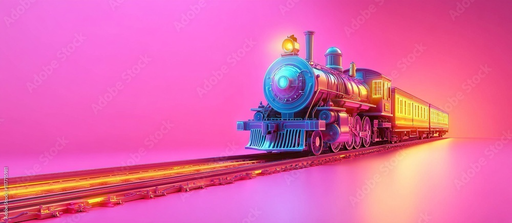 Fototapeta premium A colorful, stylized steam locomotive on vibrant tracks, evoking nostalgia and adventure.
