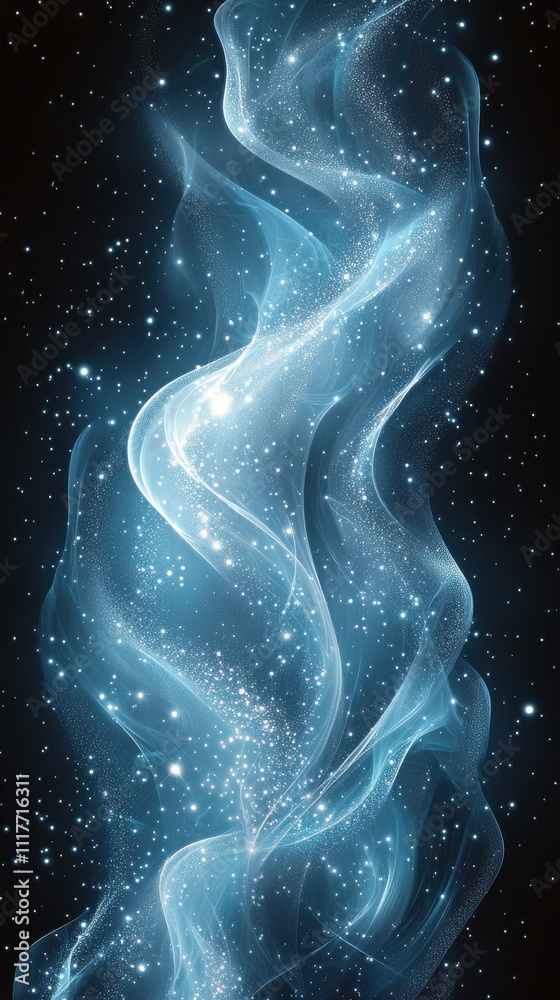 Ethereal blue swirl of light and stars creates a mystical cosmic atmosphere in dark space Ethereal blue swirl of light and stars creates a mystical cosmic atmosphere in dark space