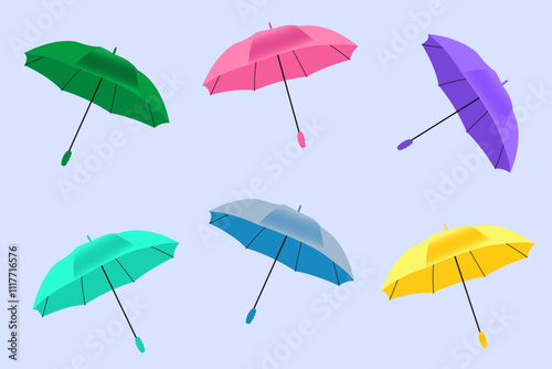 Set with colorful umbrellas. Flat vector illustration.