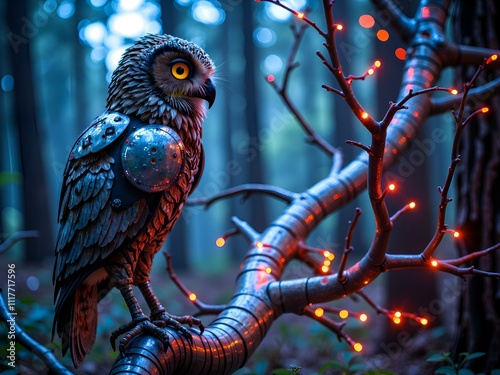 A futuristic owl perched on a metallic branch amongst glowing lights in a mystical forest setting, digital art of futurism concept. photo