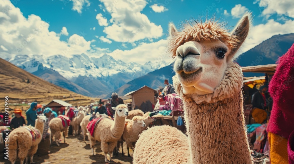 Obraz premium Andean Alpaca Portrait Mountain Landscape South America Travel