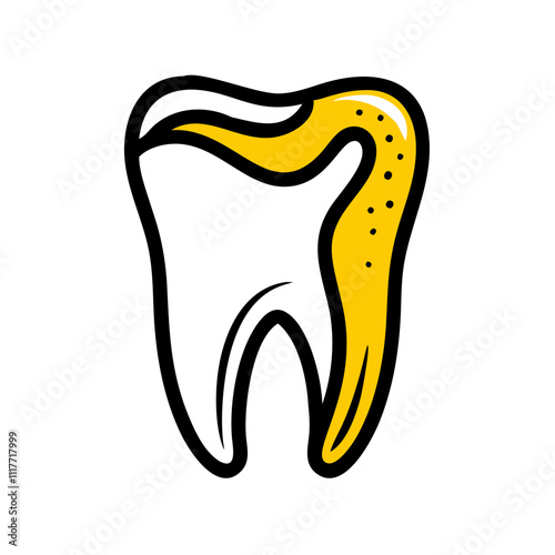 A stylized yellow and white tooth with black outlines features dots along one side