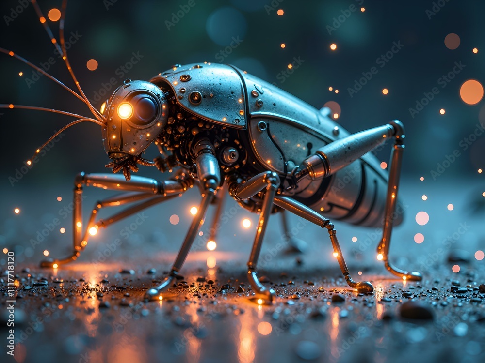 A futuristic robot insect with glowing details and sparkling background, digital art of robotics concept. A futuristic robot insect with glowing details and sparkling background, digital art of robotics concept.