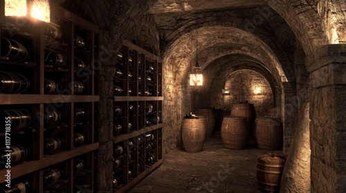 A dark, narrow room with a long row of wine bottles and barrels