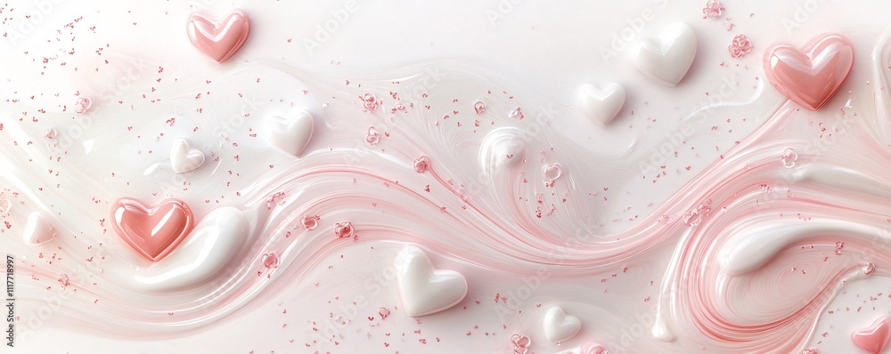 Valentine’s Day wallpaper in soft white and pastel pink, adorned with a delicate swirl pattern and shimmering heart-shaped confetti for a magical touch Valentine’s Day wallpaper in soft white and pastel pink, adorned with a delicate swirl pattern and shimmering heart-shaped confetti for a magical touch