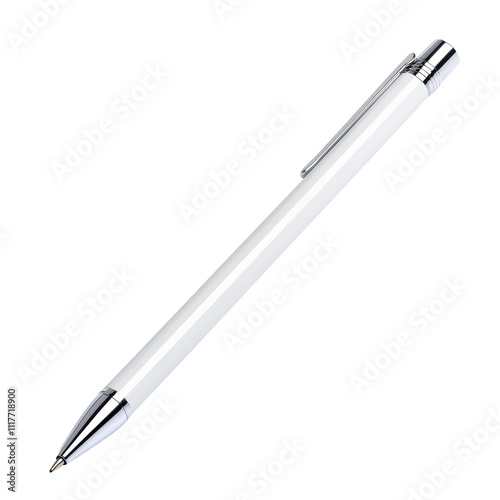 sleek white pen with chrome tip and clip, perfect for writing and office use. isolated on transparent background