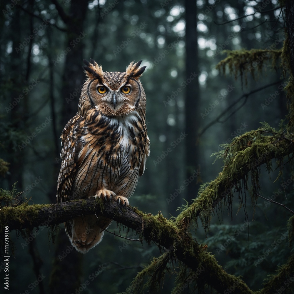 A majestic owl perched on a branch, with a dark forest in the background.

