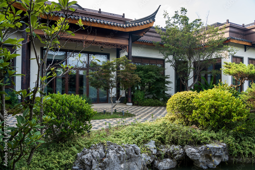Tranquil Chinese Garden with Traditional Architecture Tranquil Chinese Garden with Traditional Architecture