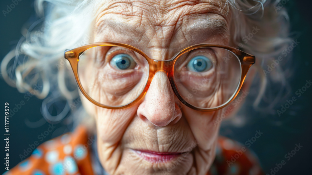 close-up portrait of a surprised elder woman in glasses close-up portrait of a surprised elder woman in glasses