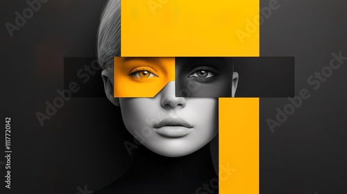 A woman's face is shown in a black and yellow frame